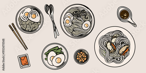 An artistic illustration showcasing various noodle and egg based dishes