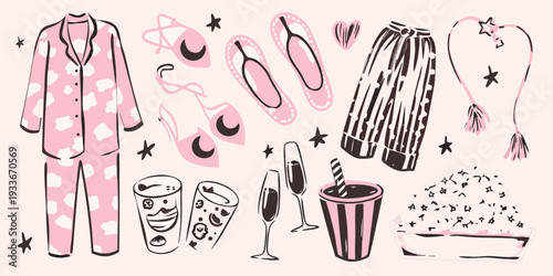Pink sleepwear accessories and treats in a playful illustration