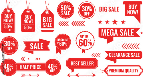 Red Sale Tag Set with Mega Sale Banners, Discount Labels, Clearance Offer Stickers, and Retail Price Promo Vector Illustrations.
