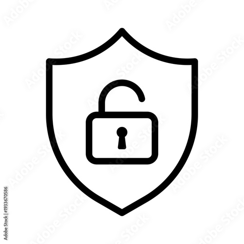 A security focused line icon showing a shield and an unlocked padlock for home protection services