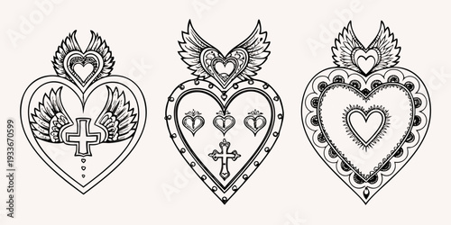 Three ornate sacred heart designs with wings and religious symbols