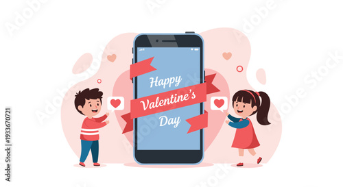 Happy young boy and girl standing next to a giant smartphone with a Happy Valentine's Day message and floating heart icons.