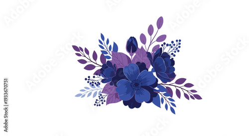 Beautiful and elegant floral bouquet featuring various blooming flowers and leaves in deep purple and royal blue color tones.