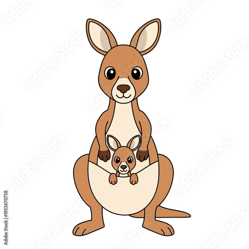 Cute cartoon kangaroo mother and joey in pouch, isolated on white background
