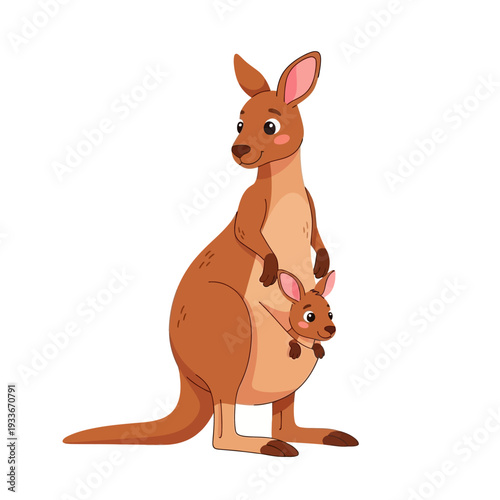 Cute Cartoon Kangaroo with Joey in Pouch, Adorable Australian Marsupial Illustration
