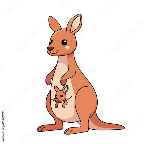 Cute Cartoon Kangaroo with Baby Joey in Pouch, Australian Animal Illustration