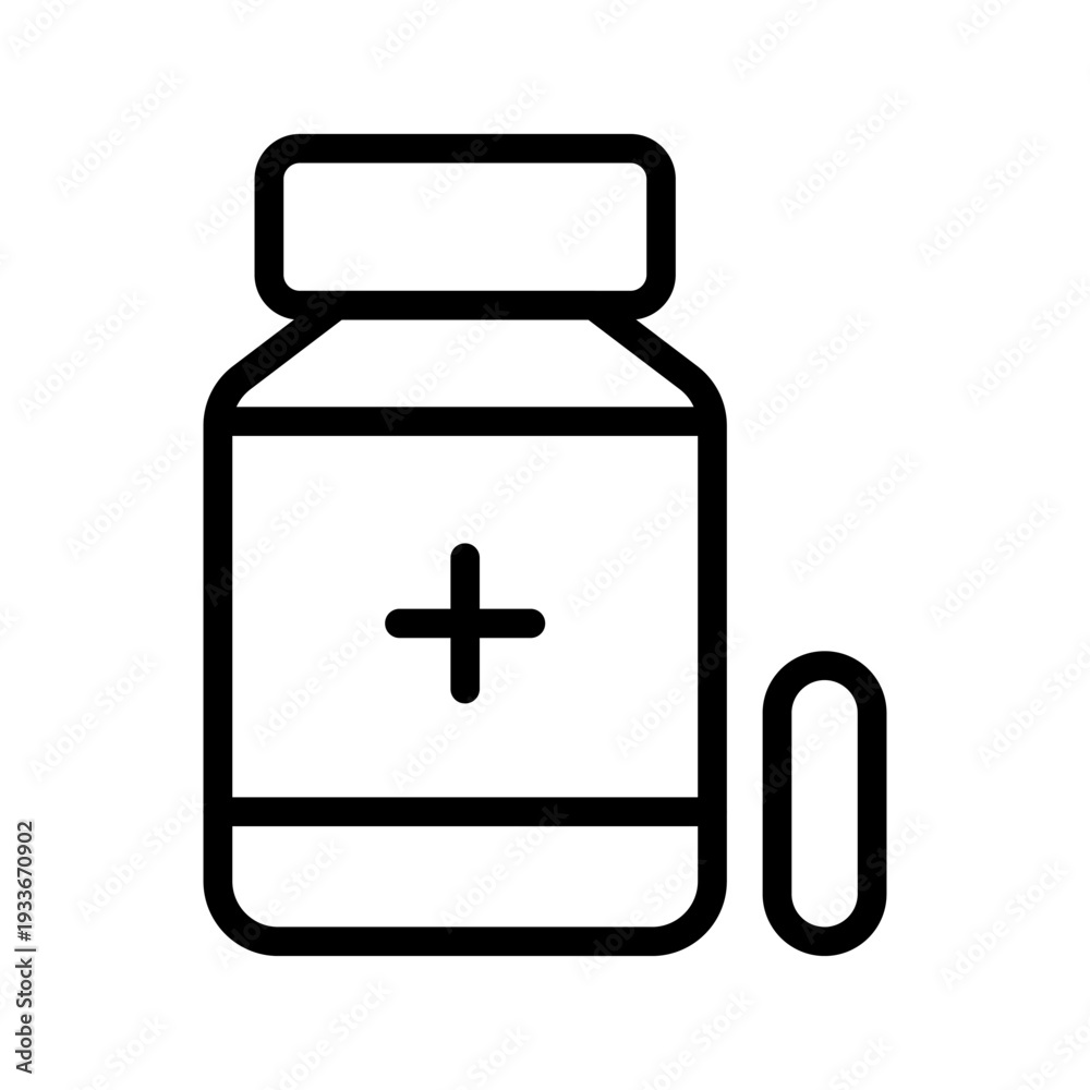 Fototapeta premium Line icon illustration of a medicine bottle and a pill capsule