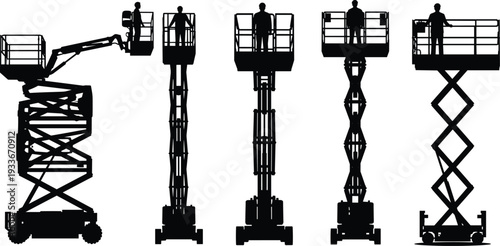 Five black silhouettes of people standing on different types of elevated work platforms or lifts