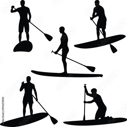 Collection of black silhouettes featuring men on stand up paddleboards in various rowing and kneeling positions isolated on white background, vector summer water sports.