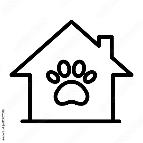 A line icon of a pet shelter house with a paw print inside