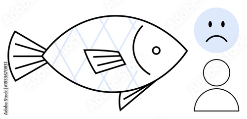Sad emotion concept. Sad emoji and fish outline highlight concerns thumbs up environmental impact, sustainability, and emotional symbolism. Sad emoji s emotions and ecology. For campaigns