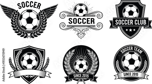 Soccer Club Logo Set with Football Ball Emblems, Athletic Team Badges, Trophy Shields, and Sports Championship Vector Graphics.