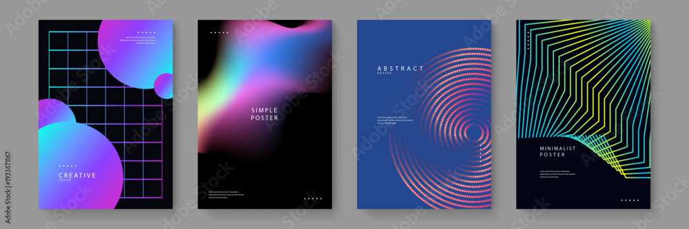 Fototapeta premium Set of four diverse abstract posters featuring cyberpunk retrowave aesthetics with grids spheres and fluid neon gradients on dark backgrounds