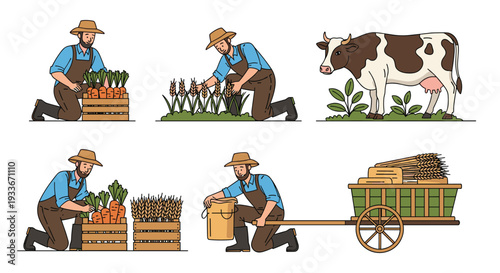 Agricultural scenes showing farmers working in fields harvesting fresh carrots, cutting grain, and transporting goods on a cart.