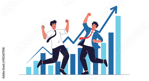 Two joyful professional businessmen celebrating massive success and growth in front of a rising financial bar chart.