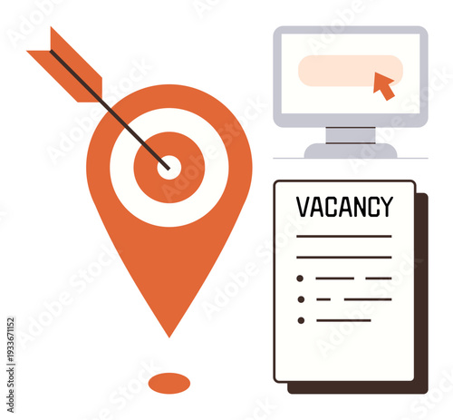 Human resources, job opportunities, career strategy, recruitment, employment, hiring. A target with an arrow, vacancy document and a computer screen with a pointer. Recruitment and job opportunities