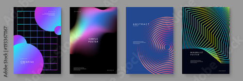 Set of four diverse abstract posters featuring cyberpunk retrowave aesthetics with grids spheres and fluid neon gradients on dark backgrounds