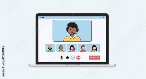 Diverse group of people collaborating on a video conference call using a laptop screen interface showcasing remote teamwork and online communication for business meetings