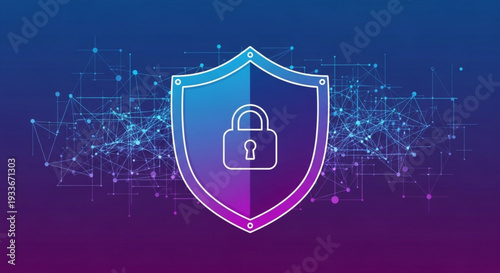 Digital shield with padlock icon symbolizing data security network protection and online privacy against cyber threats rendered in a futuristic gradient of blue