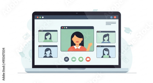 Woman presenting on laptop screen with multiple video call participants in a virtual meeting