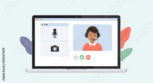 Woman on video call with microphone and camera icons on laptop screen in colorful background
