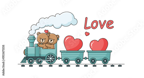 Cute scene of two teddy bears driving a small blue train carrying giant red hearts with the word Love floating in the air.