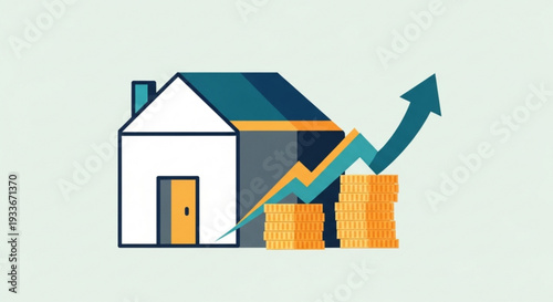 House with rising graph and coins symbolizing real estate investment growth and financial success