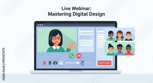 Online course on laptop with woman presenting to group of people in virtual meeting