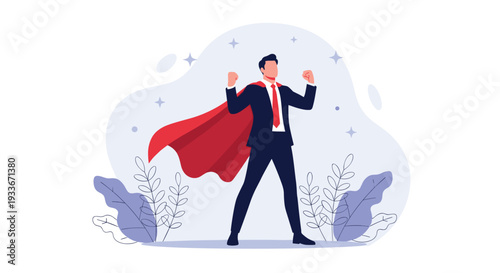 Confident businessman wearing a red superhero cape standing heroically against a starry background to symbolize success and power.