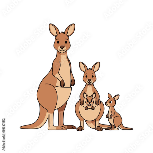 Cartoon Kangaroo Family with Joey in Pouch