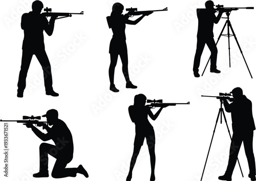 Collection of professional sniper silhouettes and marksmen figures aiming rifles in various tactical shooting positions isolated on white background for military and hunting designs.