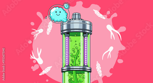 Playful cartoon bacteria in a laboratory test tube with smiling microbe