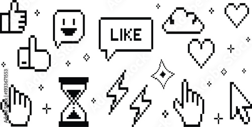 Pixel art social media interface icons and cursor pointers vector set for retro game, website, blog and digital communication design