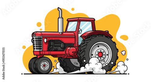Vibrant red tractor driving powerfully with smoke from tires