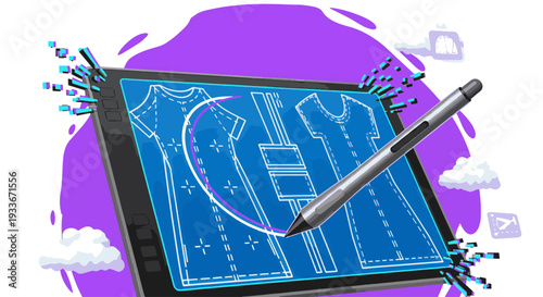 Creative fashion designer working on digital clothing sketches with stylus