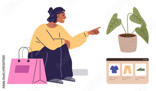 Online shopping, e-commerce, consumer behavior, product browsing, lifestyle, home decor. Woman sitting with a pink shopping bag near a digital window displaying products. Online shopping