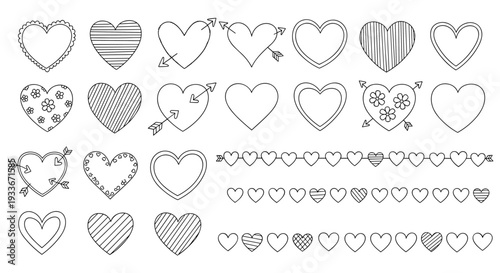 Large set of hand-drawn heart shapes and decorative borders in black outline with various patterns for romantic design themes.