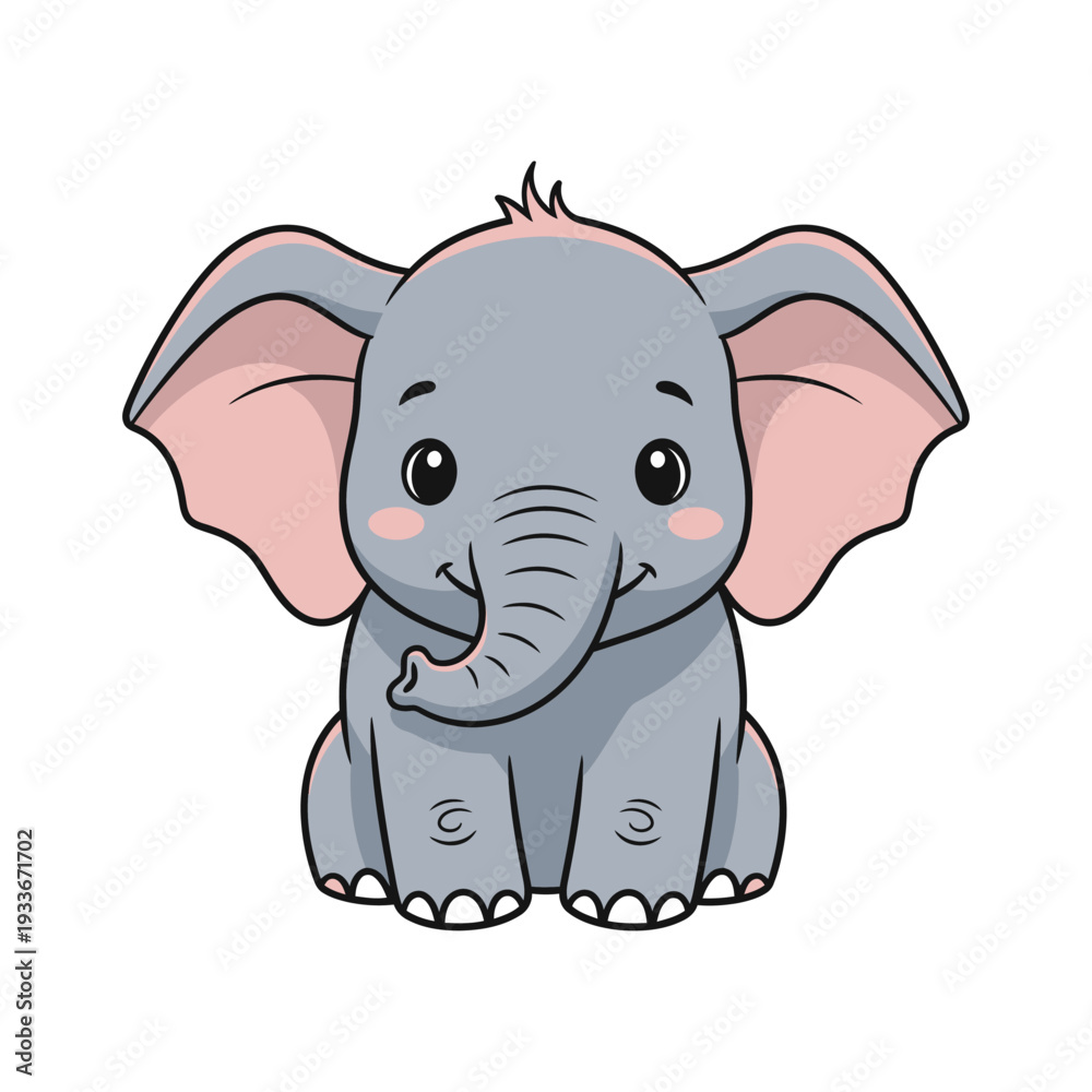 Obraz premium Cute Cartoon Baby Elephant Sitting, Adorable Animal Illustration