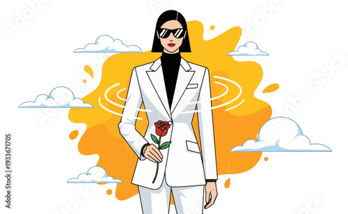 Stylish woman in white suit holding red rose with modern artistic background