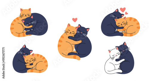 Collection of five heartwarming scenes featuring cat pairs of different colors hugging and cuddling to show friendship and love.
