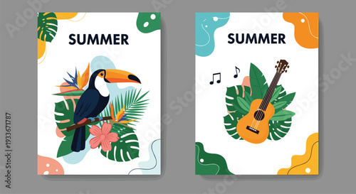 Pair of vibrant summer posters featuring a tropical toucan on a branch and a wooden ukulele surrounded by lush green monstera leaves.