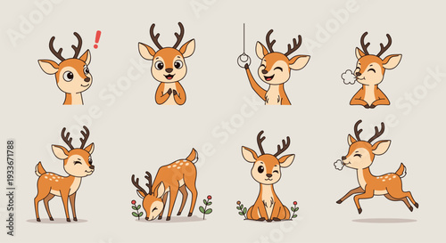 Set of eight cute cartoon deer characters showing various emotions and activities like eating, running, and winking in a simple art style.