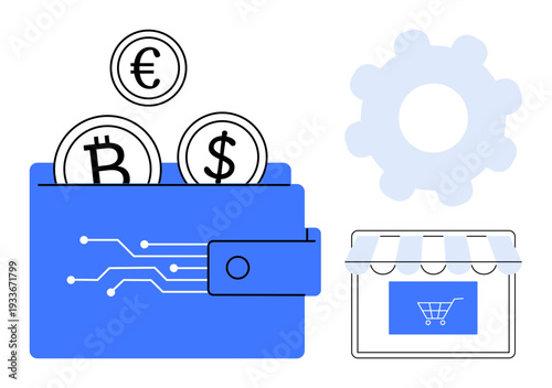 Cryptocurrency, digital payments, e-commerce, blockchain, online transactions, global finance. A wallet with Bitcoin, Euro and Dollar symbols next to a storefront icon. Cryptocurrency and digital