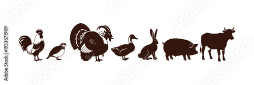 Flat style farm animal icon set including rooster, quail, turkey, goat, duck, hare, pig, and cow figures.
