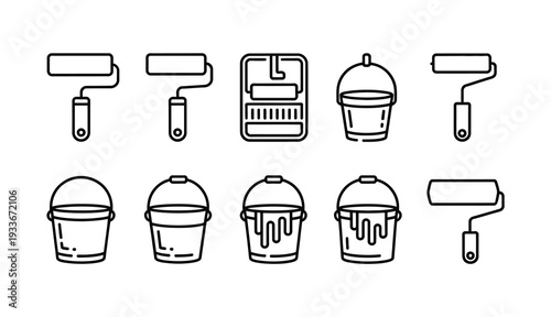 Set of paint roller and bucket icons for painting and decorating.
