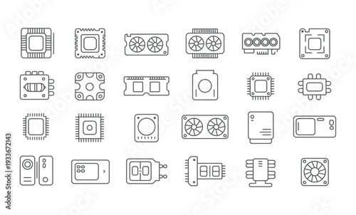 Computer hardware icons: CPU, RAM, GPU, SSD, fans, and more