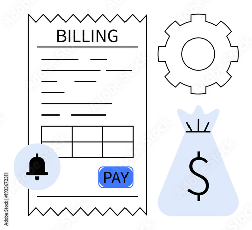 Billing receipt with payment button, notification bell, gear, and money bag icons suggesting finance, billing systems, online payments, e-commerce operations, and financial organization. Ideal