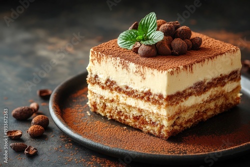 Delicious tiramisu slice topped with chocolate and mint on plate. Perfect for illustrating desserts, baking, or Italian cuisine concepts.