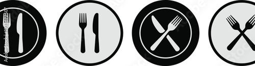 Four circular with crossed fork and knife symbols in black and white circle