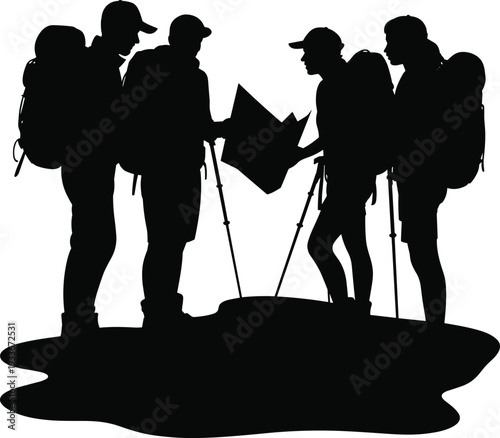 Four hikers with backpacks and trekking poles examining a map on a mountain